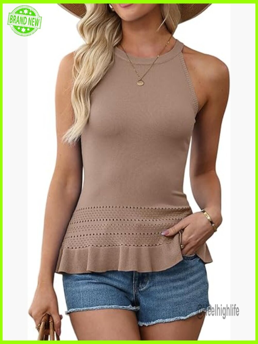 Crochet Halter Crop Top Sleeveless Ruffle Hem Summer Vest
